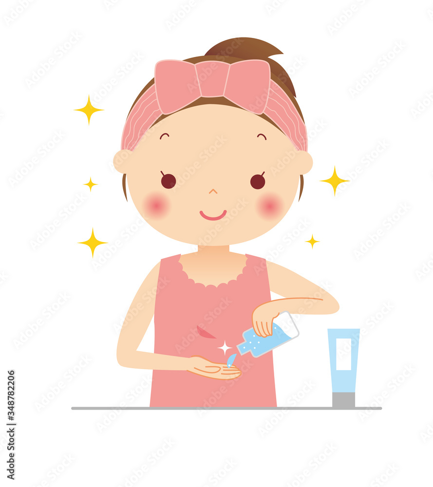 化粧水を手にとる女性 イラスト 化粧水を手にとる女性 イラスト