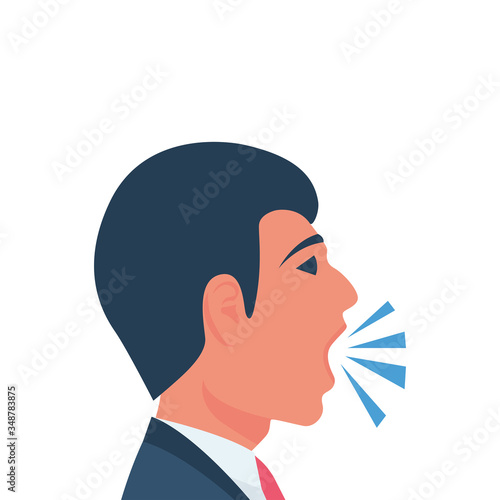 A man coughs without covering his mouth with his hand. Symptoms of coronavirus covid-19 disease. Vector flat icon. Cartoon style. The disease is pneumonia or bronchitis or asthma.