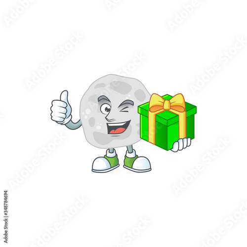 Happy smiley fibrobacteres cartoon mascot design with a gift box