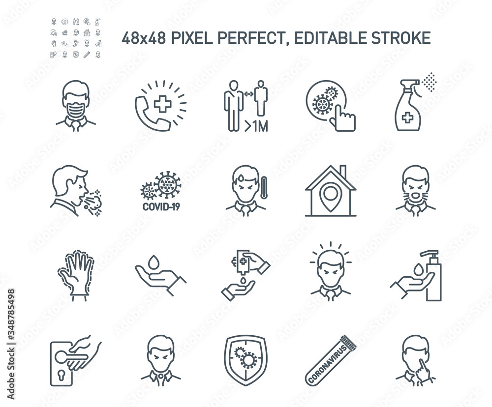 Simple Set of Coronavirus Protection Related Vector Line Icons. Contains such Icons as Protective Measures, Coronavirus Symptoms, Incubation Period and more. Editable Stroke. 48x48 Pixel Perfect. Simple Set of Coronavirus Protection Related Vector Line Icons. Contains such Icons as Protective Measures, Coronavirus Symptoms, Incubation Period and more. Editable Stroke. 48x48 Pixel Perfect.