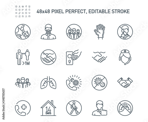 Simple Set of Coronavirus Protection Related Vector Line Icons. Contains such Icons as Protective Measures, Coronavirus Symptoms, Incubation Period and more. Editable Stroke. 48x48 Pixel Perfect.