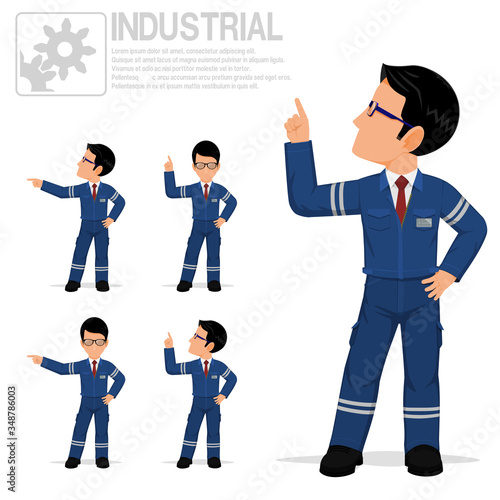 An industrial worker is pointing to something on transparent background