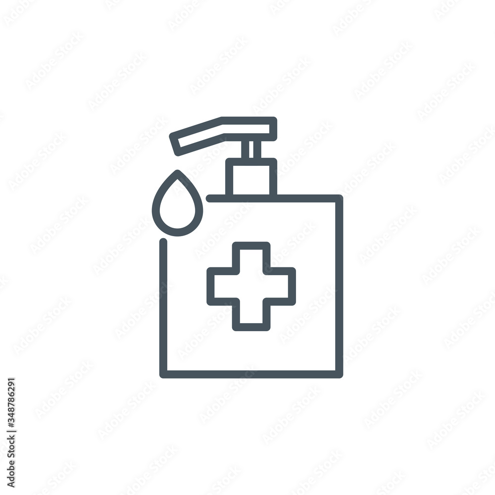 Fototapeta premium sanitizer dispenser with antiseptic drop gel single line icon isolated on white. Perfect outline antibacterial bottle symbol Coronavirus Covid 19 pandemic banner. Quality element with editable Stroke