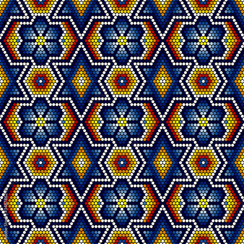 vector illustration of colorful abstract seamless pattern inspired in mexican huichol art style. Can be tiled