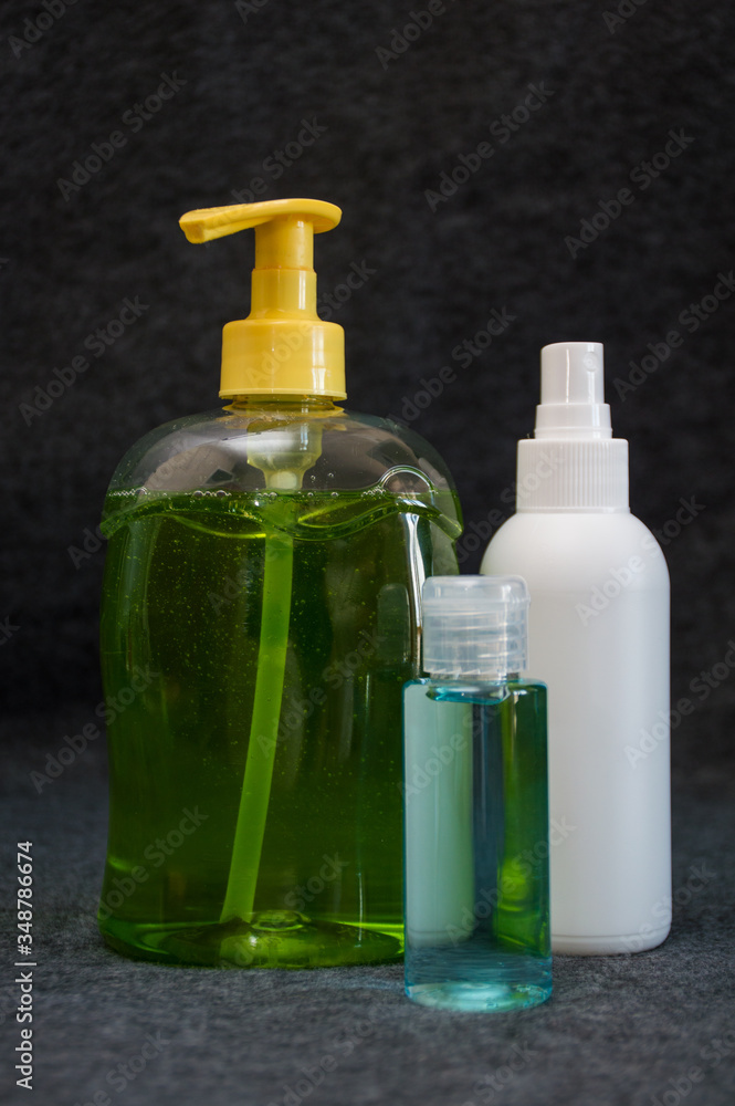 bottle of liquid soap and antiseptic bottle of liquid soap and antiseptic
