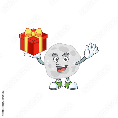 Fibrobacteres cartoon mascot concept design with a red box of gift