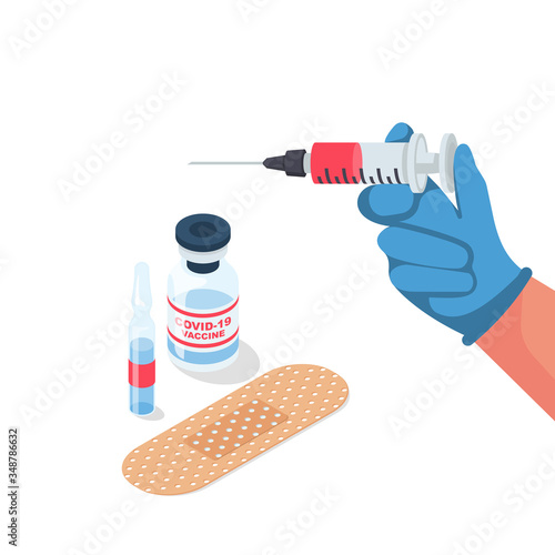 Vaccination concept. Medical template landing page. Doctor holds syringe with vaccine in hand. Injection in syringe. Vector flat design. Isolated on white background. Ampoule and medical plaster.