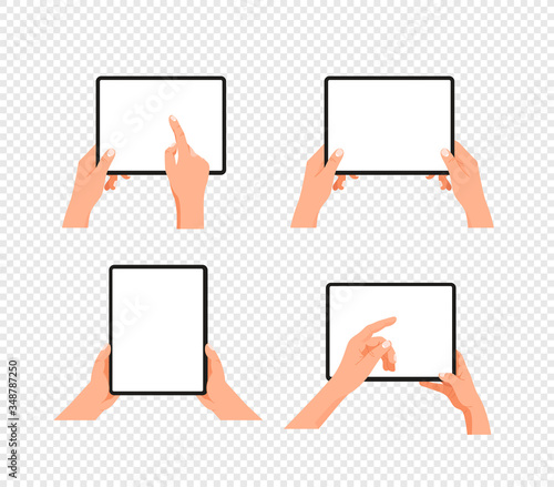 Human gesture using tablet computer. Layered vector clipart isolated on transparent background