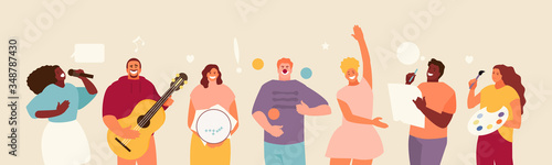 Creative people doing artistic activities. Vector characters
