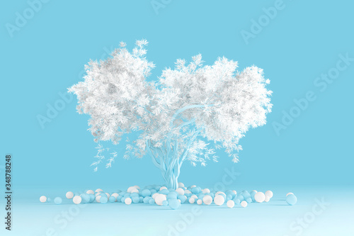 3D render of clean minimal design a soft coniferous tree with a white crown isolated on a light blue background that grew out of a pile of balls on the floor
