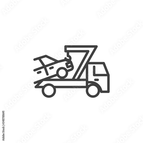 Car towing truck line icon. linear style sign for mobile concept and web design. Auto towing outline vector icon. Symbol, logo illustration. Vector graphics