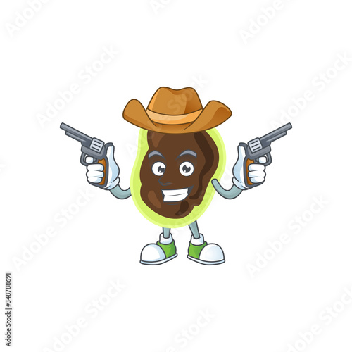 A masculine cowboy cartoon drawing of firmicutes holding guns