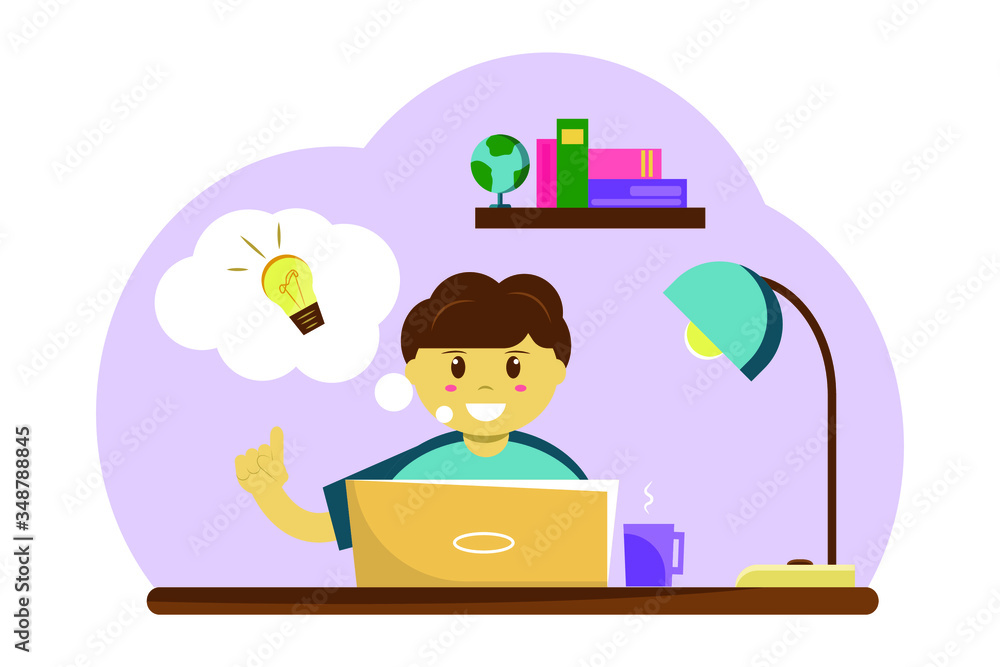 Kids thinking idea. The girl works at the computer on a school project. Vector illustration in flat style, cartoon style