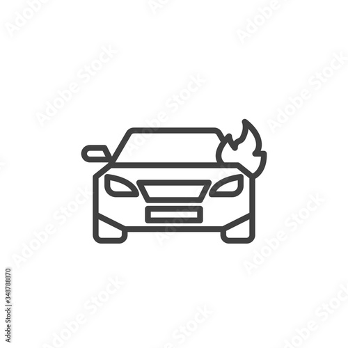 Burning car line icon. linear style sign for mobile concept and web design. Car on fire outline vector icon. Auto insurance symbol, logo illustration. Vector graphics