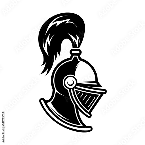 Illustration of knight helmet in engraving style. Design element for logo, label, emblem, sign. Vector illustration