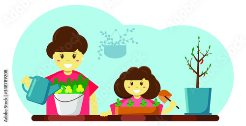 Mom and daughter are gardening, and water the plants. Family occupation at home together. Home greenhouse. Vector illustration in cartoon style, flat style