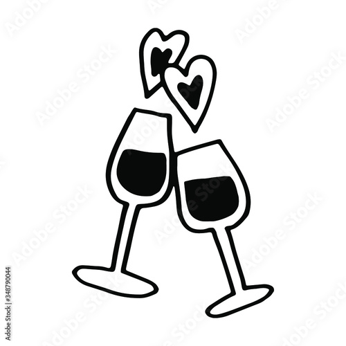 Two glasses of wine and a heart. Hand drawing outline doodles. Suitable for design Valentine's Day, wedding, greeting card, print.
