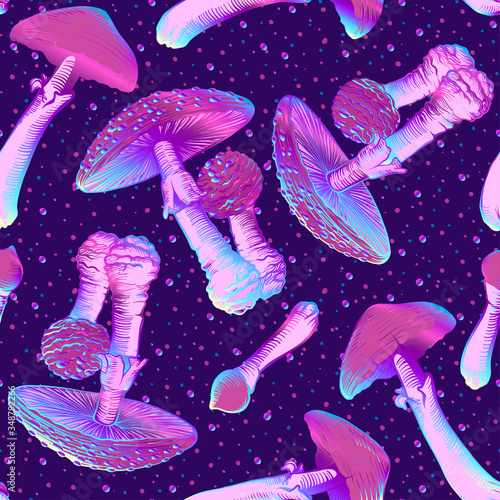 Seamless pattern, background with miraculous, hallucinogenic plants in botanical style in neon colors. Vector illustration