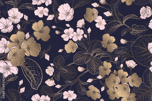 Floral vintage seamless pattern with Japanese cherry. Pink, gold and navy blue color.