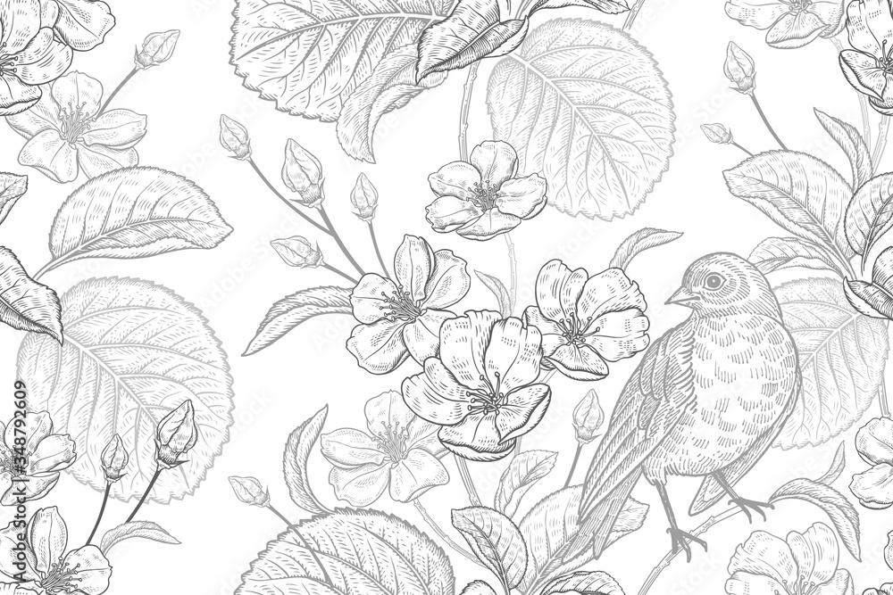 Fototapeta Floral vintage seamless pattern with Japanese cherry and bird. Black and white.