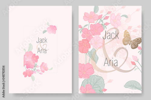 Fototapeta Naklejka Na Ścianę i Meble -  Blooming Japanese cherry tree and butterfly. Wedding invitations cards set.