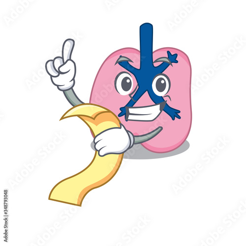 Lung mascot character style with a menu on his hand photo