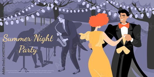 Musicians and people dancing in vintage costumes at a retro garden party. Saxophonist and pianist playing blues.