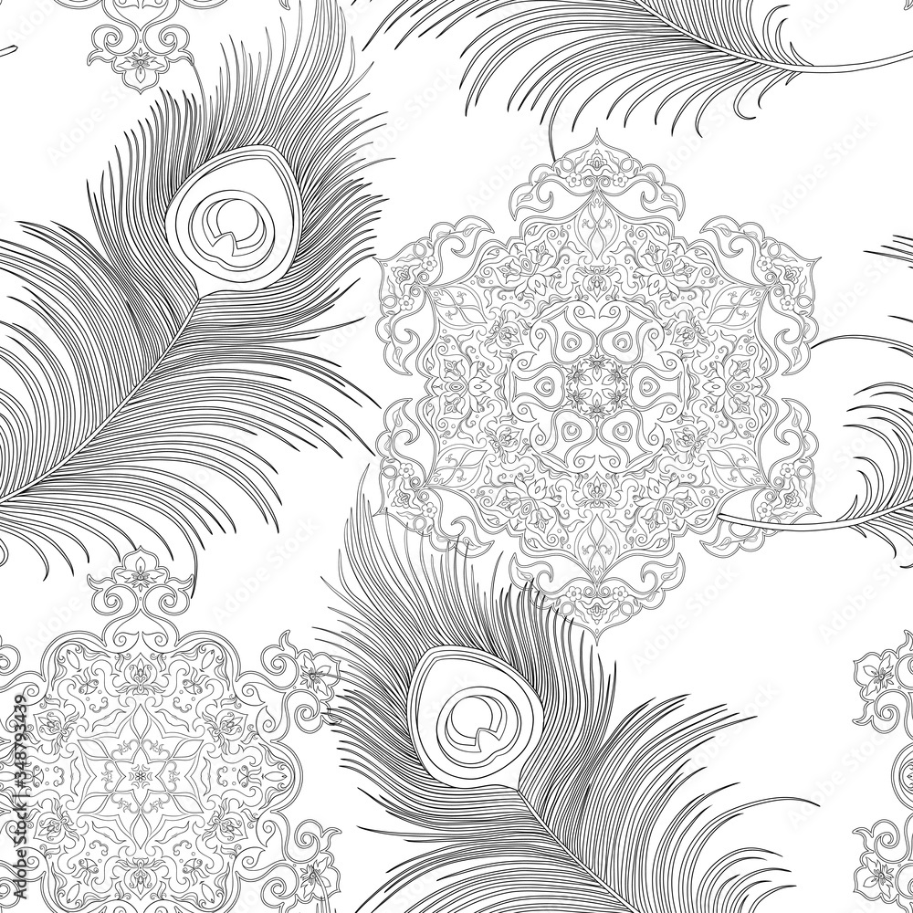 Peacock feathers Seamless pattern, background. Outline vector illustration Stock Vector Adobe