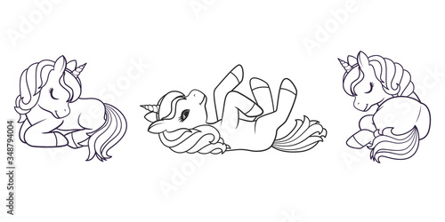 Collection of Cute Cartoon Unicorns isolated on white background. Vector illustration for coloring books