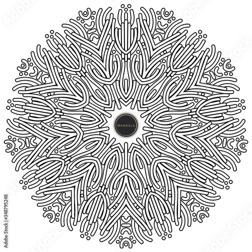 Mandala, tracery round boho doodle. Ethnic ornament, sketched symmetry. Folk, meditation design. Curved shape, isolated on white. Black and white art. Vector