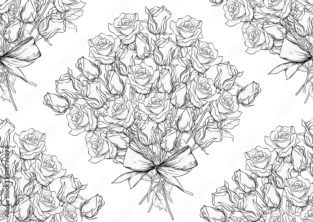 Outline roses seamless pattern, background. Black and white graphics. Vector illustration.