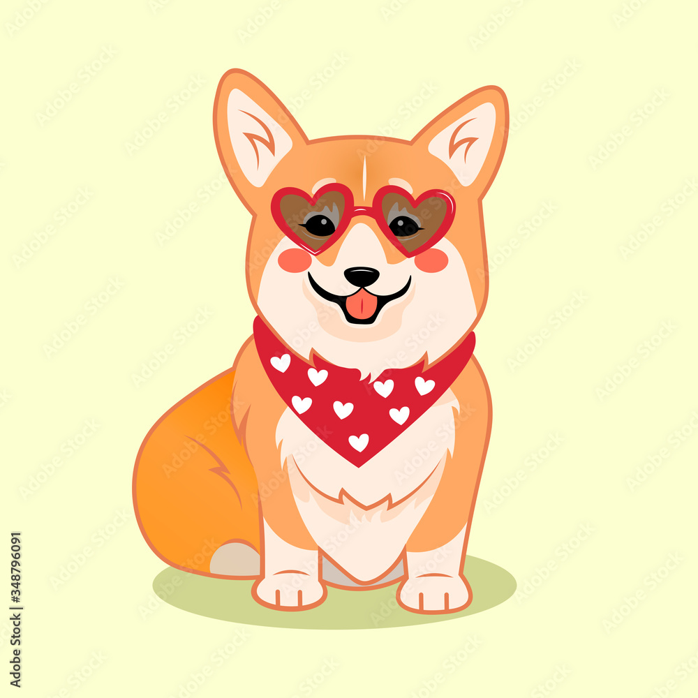 Cute sitting smiling corgi dog with heart-shaped sunglasses and accessories on vacation vector cartoon illustration. Kawai corgi puppy print. Isolated on yellow background