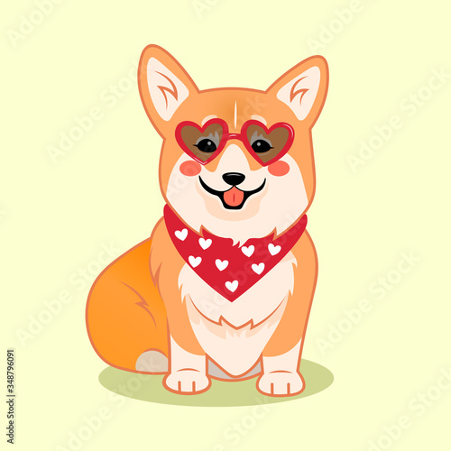 Cute sitting smiling corgi dog with heart-shaped sunglasses and accessories on vacation vector cartoon illustration. Kawai corgi puppy print. Isolated on yellow background © Elena