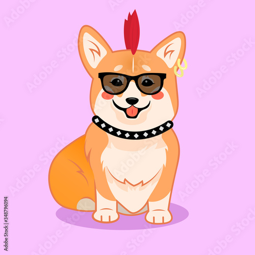 Cute sitting smiling corgi punk dog with mohawk and punk rock accessories vector cartoon illustration. Kawai corgi puppy print. Isolated on pink background