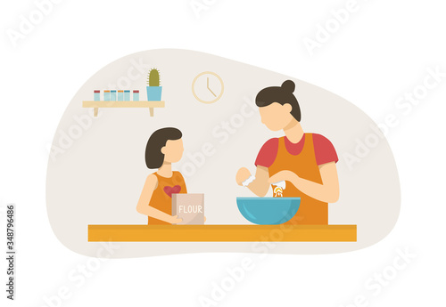 Concept of home cooking with child. Scene of mom baking with her daughter on kitchen. Kid helps parents. Cook together at home in kitchen. Happy motherhood and joint activities. Flat vector cartoon. 