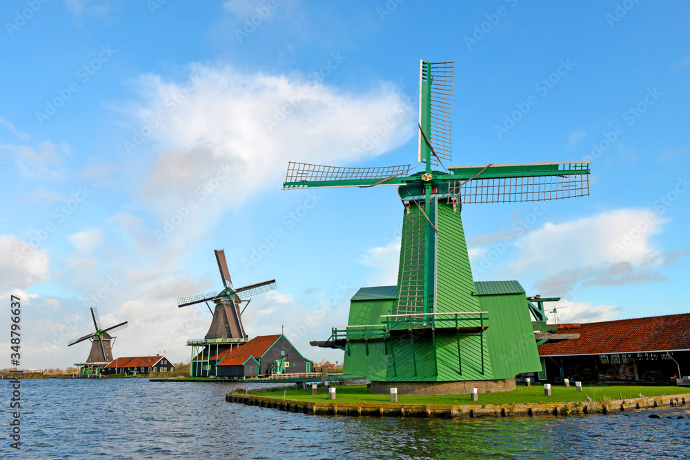 Windmills of Netherlands with blue sky