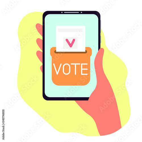 Hand holding smartphone with voting app on the screen,online, e-voting, election internet system. Flat vector illustration.