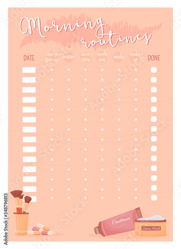 Morning routines creative planner page design. Self improvement task list. Prepare for school. Daily habit tracker bullet journal color sheet. Printable diary layout. Notebook vector template