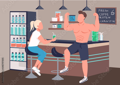 Fitness culture flat color vector illustration. Man and woman in fitness bar 2D cartoon characters with counter on background. Healthy lifestyle activity. Drink establishment for sports people