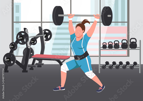 Weightlifting flat color vector illustration. Strong sportswoman, female athlete lifting barbell 2D cartoon character with gym on background. Professional powerlifter training, bodybuilding exercise