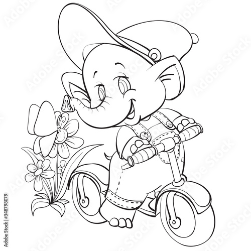sketch of the character of an elephant who rides a scooter among flowers and butterflies, coloring, isolated object on a white background, vector illustration,
