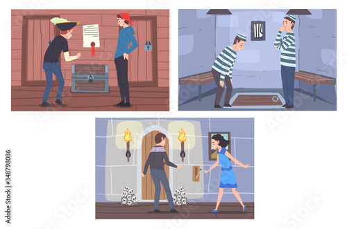 Escape Room Interiors Set, Reality Quest with People Trying to Seek Treasures and Looking for Escape Vector Illustration