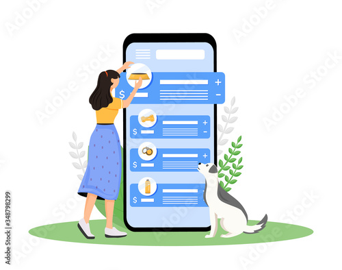 Dog shop cartoon smartphone vector app screen. Puppy owner choose product for domestic animal. Mobile phone display with flat character design mockup. Pet store application telephone interface