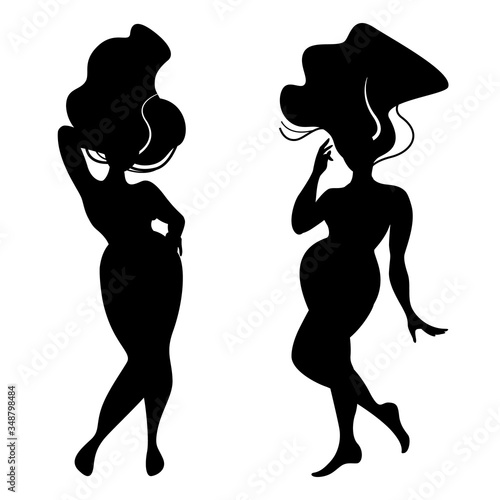 Silhouettes of standing women body with size plus and hair. Body positive in black color isolated on white background. Any woman figures is perfect. Girls with round shapes. Vector stock illustration.