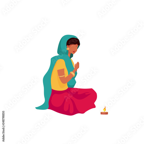 Praying indian girl flat color vector faceless character. Female in sari and scarf. Religious hindu ritual. Puja ceremony isolated cartoon illustration for web graphic design and animation