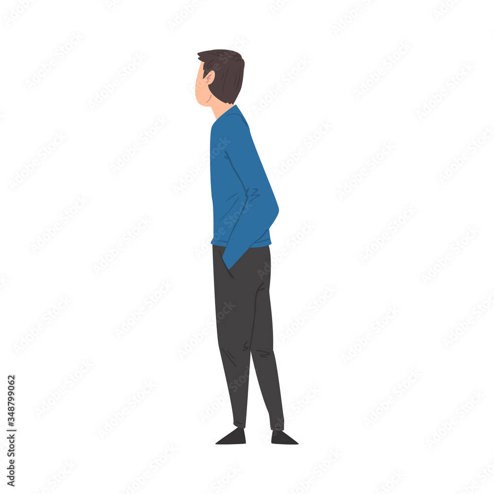 Young Man in Casual Clothes Standing and Looking Back, Side View Vector Illustration