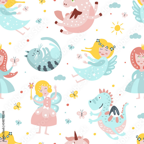 Cute Fairy Tale Characters Seamless Pattern, Dragon, Princess, Unicorn, Fairy, Gnome, Creative Childish Fabric, Wallpaper, Packaging