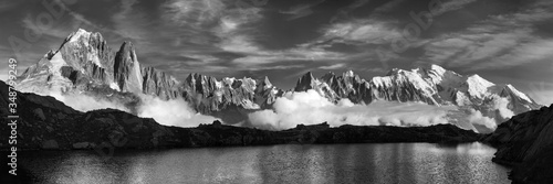 Black and white fine art summer view of the Alps with Mont Blanc (Monte Bianco) on background, Chamonix location. Beautiful outdoor scene in Vallon de Berard Nature Reserve, Graian Alps, France Europe