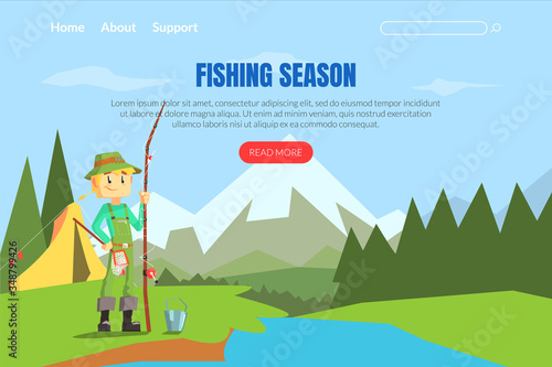 Fishing Season Landing Page Template Web Page, Fisherman Relaxing and Fishing on Beautiful Mountain Landscape, Active Sparetime at Nature Mobile App, Homepage Vector Illustration