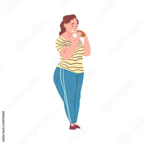 Plump Woman Eating Burger, Plus Size Woman Enjoying of Fast Food Dish, Unhealthy Lifestyle Vector Illustration
